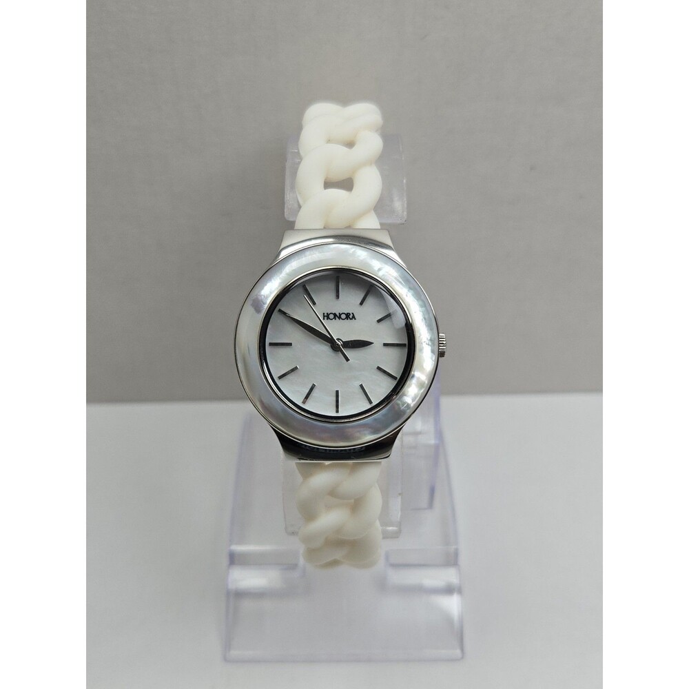 Honora Womens Mother Of Pearl White Silicone Quartz Watch Silver New Battery
